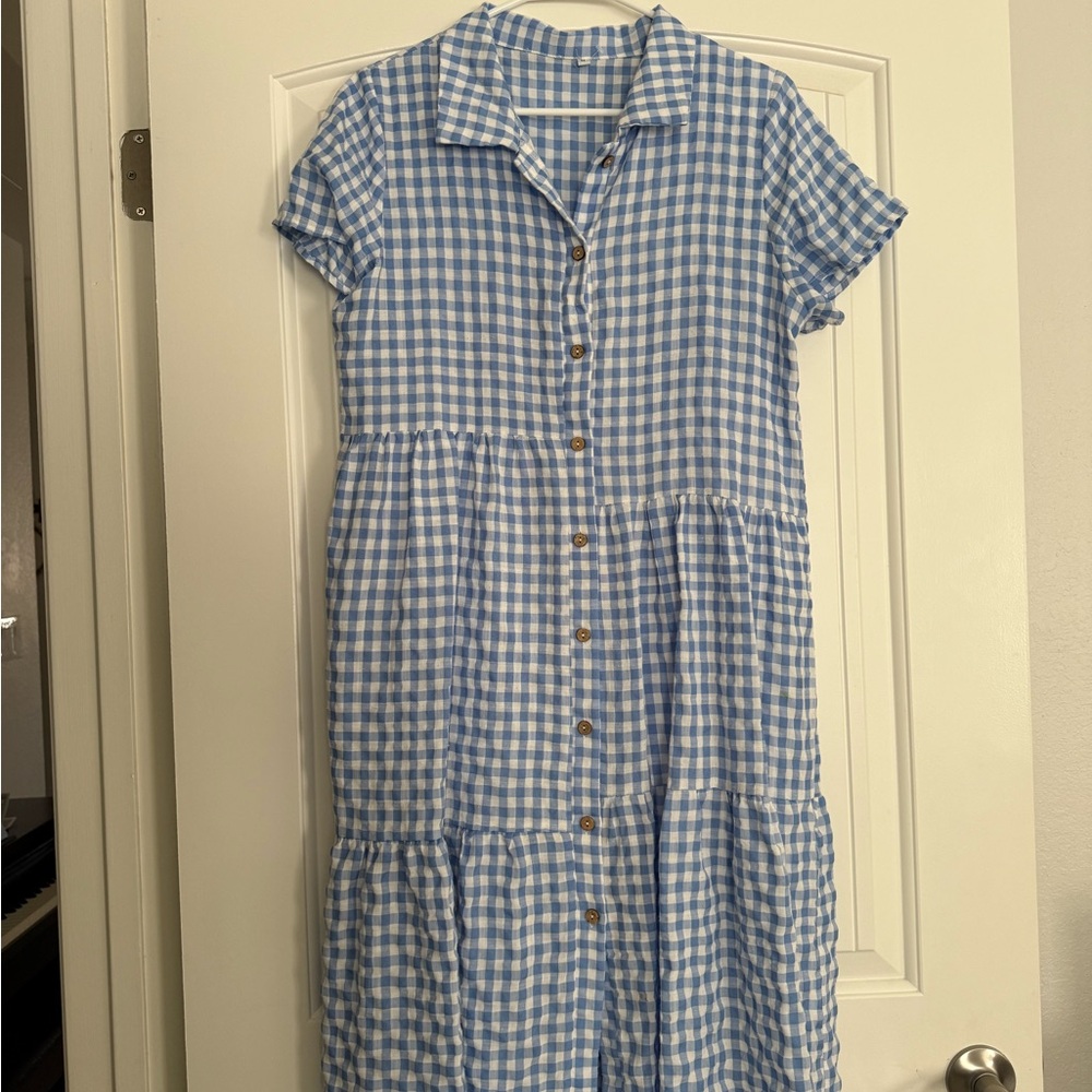 Blue and White Gingham Button-Up Dress